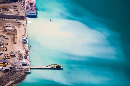 Aerial view of construction work in harbor of Port Louis, Mauritiusの写真素材