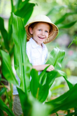 Portrait of cute small boy in safari hatの写真素材