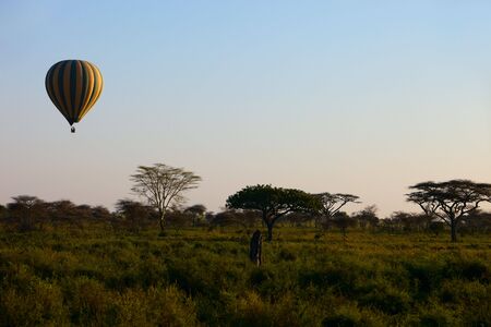 Early morning flight of hot balloon over Serengeti national park, Tanzaniaの写真素材