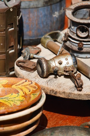 Closeup of antique findings from flea market in Santorini, Greece