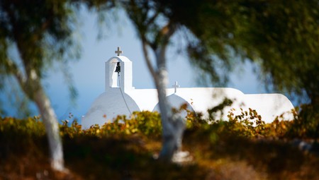 Beautiful white church on Santorini island in Greeceの写真素材