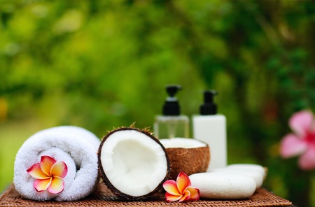 Close up of tropical Spa setting outdoorsの写真素材