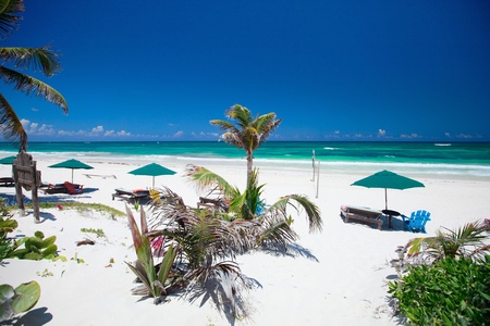 Beautiful Caribbean coast in Tulum Mexicoの写真素材