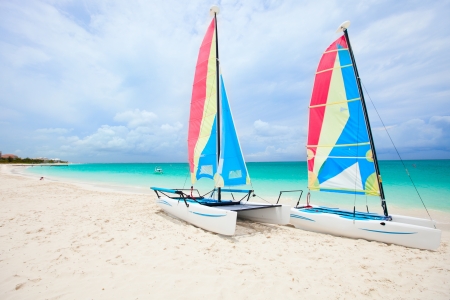 Catamarans at beautiful Caribbean beachの写真素材