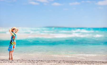 Panoramic photo of beautiful woman on a tropical vacationの写真素材