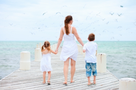 Back view of mother and kids on a wooden dock walking towards hundreds of sea birdsの写真素材