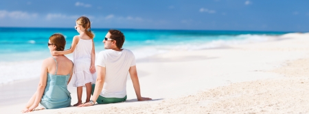 Back view of a family on a tropical beachの写真素材