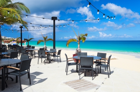 Seaside restaurant at beautiful tropical beach at Caribbeanの写真素材