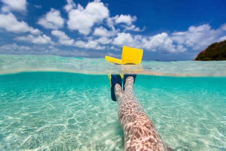 Split above and underwater photo of woman legs with fins at shallow water on tropical beachの写真素材