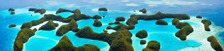 Beautiful view of 70 islands in Palau from above. Wide panorama perfect for banners.
