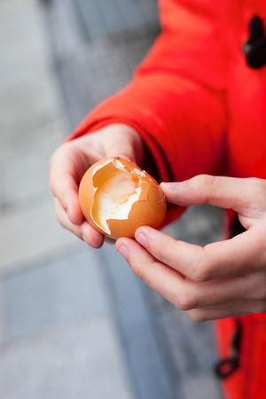 Close up of a soft boiled egg cooked at hot spring waterの写真素材