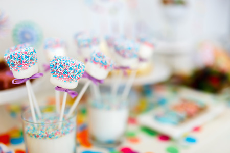 Colorful decoration of kids birthday party table with marshmallows and sweetsの写真素材