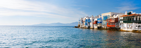 Panorama of Little Venice popular tourist area at village on Mykonos island, Greece, Europe