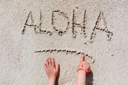 ALOHA word written on tropical sand beachの写真素材