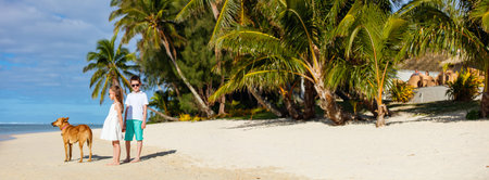 Panorama of little kids and dog on a tropical beach during summer vacationの写真素材