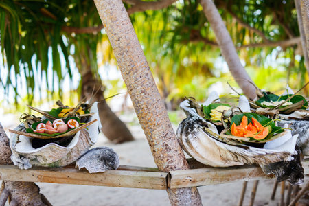 Close up of some local south pacific origin food served in giant shells