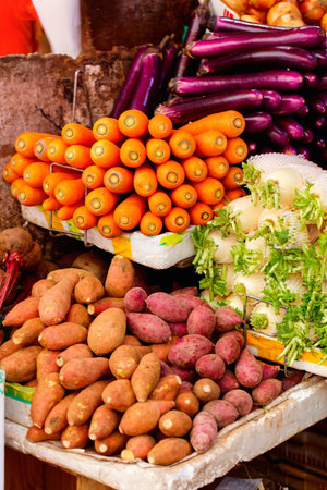 Fresh organic vegetables at outdoor marketの写真素材