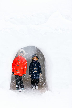 Adorable little girl and cute boy outdoors on beautiful cold winter day with snow