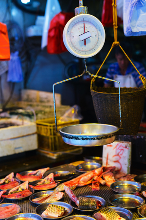 Fresh fish at seafood market in Hong Kongの写真素材