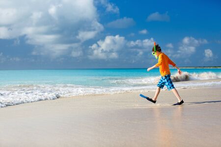 Cute boy wearing mask, snorkel and fins walking at tropical beach having fun summer vacationの写真素材