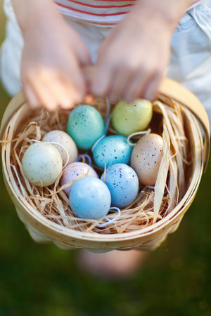 Close up of colorful Easter eggs in a basket