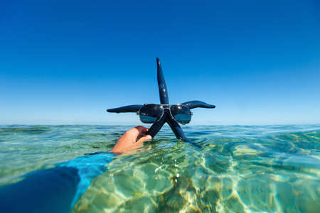 Split underwater photo of blue starfish with sunglasses in a clear tropical waterの写真素材