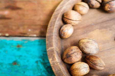Interior details decor close up of vintage wooden table and plate