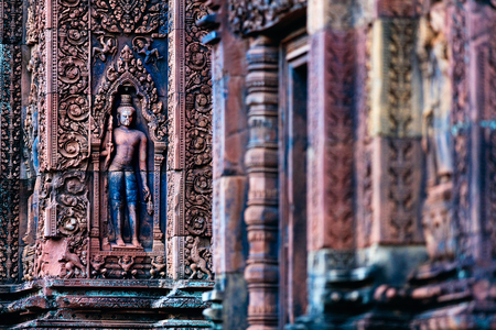 Beautiful Banteay Srei temple carvings in Angkor Archaeological area in Cambodiaの写真素材