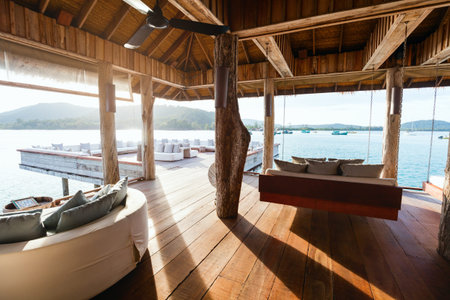 Interior of tropical overwater bar in a luxury resortの写真素材