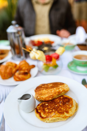 Delicious pancakes served for breakfastの写真素材