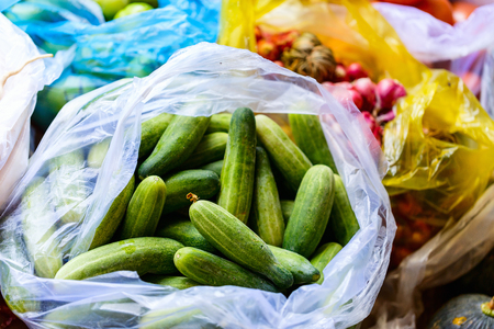 Fresh organic cucumbers in outdoor marketの写真素材