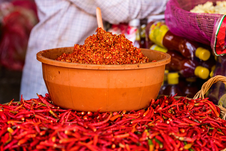 Red hot chili peppers at marketの写真素材