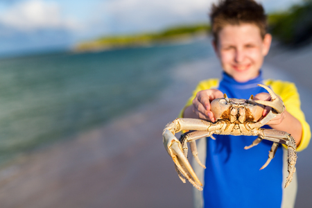 Teen age boy holding big crab at beachの写真素材