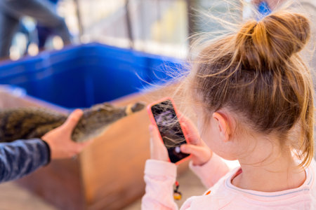Adorable little girl photographing baby crocodile