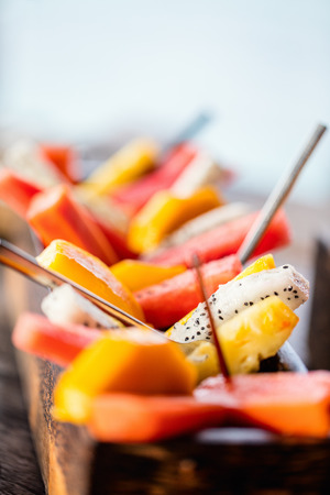 Delicious organic fruits served for breakfastの写真素材