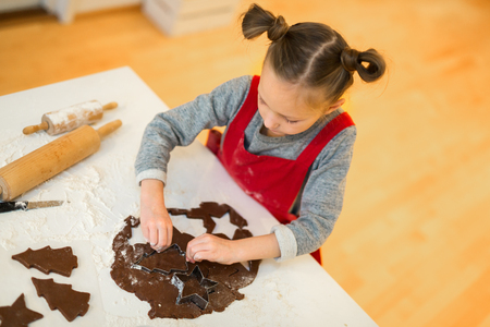 Little girl baking chocolate cookies at homeの写真素材