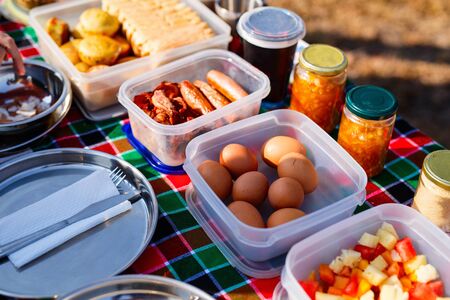 Traditional safari picnic bush breakfast with eggs, bacon and coffeeの写真素材