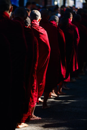 Close up of a group of Buddhist monks in Myanmar