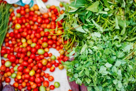 Close up of fresh organic tomatos and herbs at outdoor marketの写真素材