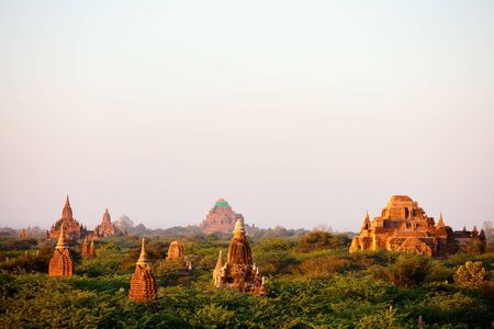 Stunning landscape view with thousands of historic buddhist pagodas and stupas in Bagan Myanmarの写真素材