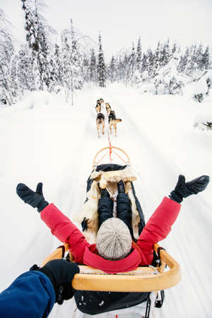 Family on husky safari enjoying ride on winter day in Lapland in Finlandの写真素材