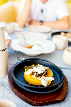 Authentic greek fava dish served with fish for lunch or dinner in restaurantの写真素材