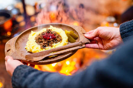 Traditional finnish food sauteed reindeer with mashed potatoes and lingonberries served in lappish hut next to open fireの写真素材