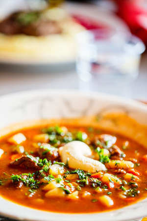 Bowl of delicious tomato meat soup served for lunch in a restaurantの写真素材