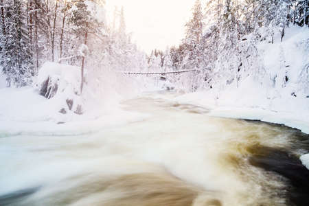 Stunning landscape of hanging bridge over river in snow covered forest in Oulanka National Park in Lapland Finlandの写真素材