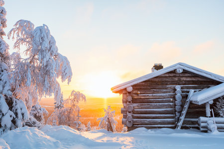 Beautiful winter landscape with wooden hut and snow covered trees at sunset in Lapland Finlandの写真素材