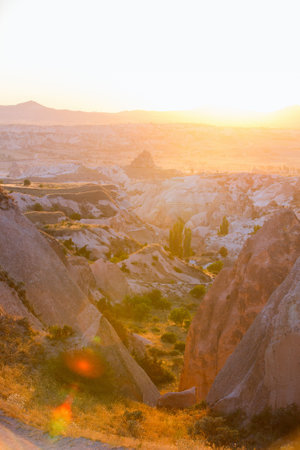 Stunning view of Rose and Red valley rock formations in Cappadocia Turkey at sunsetの写真素材