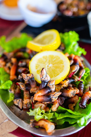 Fresh goose neck barnacles also known as portuguese percebes served with lemon and white wine for lunch in restaurant.の写真素材