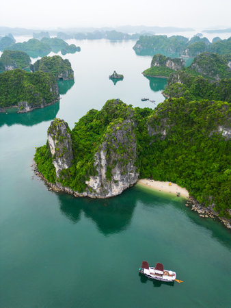 Scenic view from above of islands in Halong Bay Vietnamの写真素材