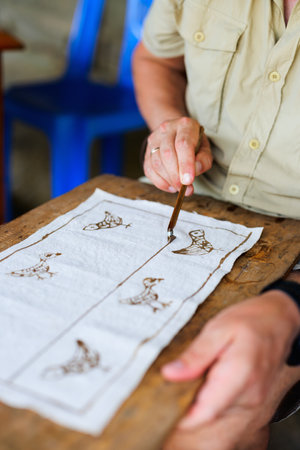 Caucasian man creating batik by drawing with hot waxの写真素材
